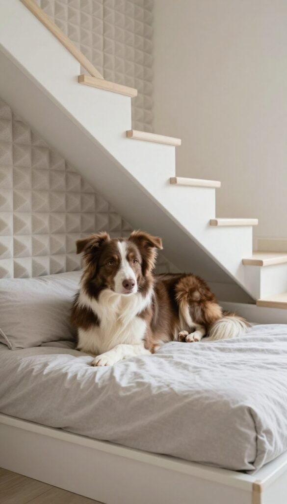 Calm dog resting in a soundproofed under-stairs kennel lined with acoustic foam panels, cozy and quiet sanctuary.