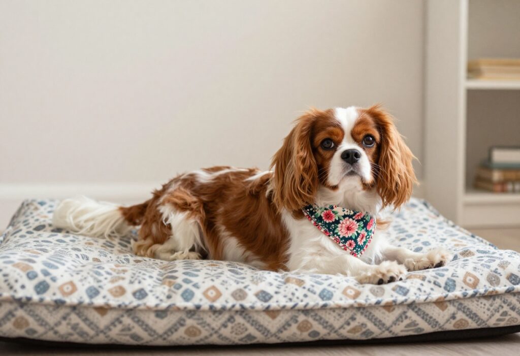 Small dog wearing floral print collar and bandana on patterned bed in living room