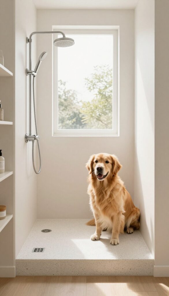 Raised platform with drain for dog bathing in a bright utility room, featuring a golden retriever on textured tile with a handheld showerhead.