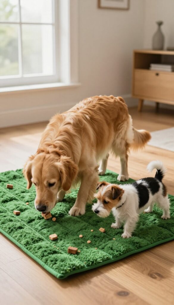 Two dogs using a snuffle mat to find hidden treats during a birthday party treasure hunt.
