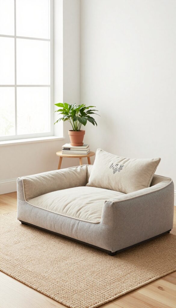 Stylish dog bed in a cozy living room corner with natural light, jute rug, and plant
