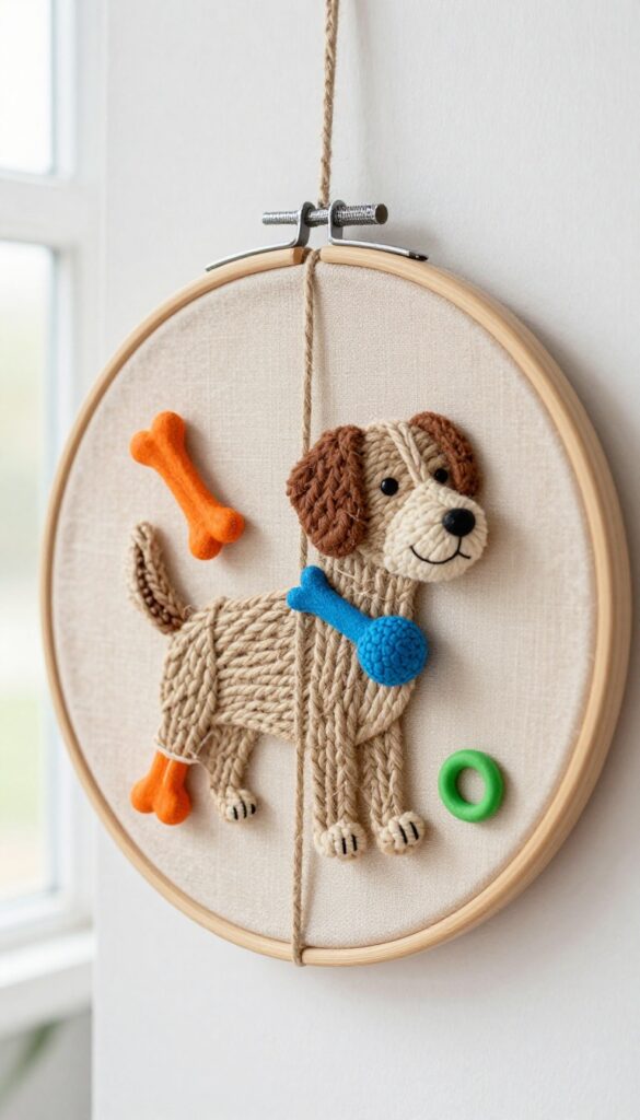 DIY rope art with dog toys hanging on a white wall, featuring a wooden hoop wrapped in jute rope with colorful small dog toys attached.