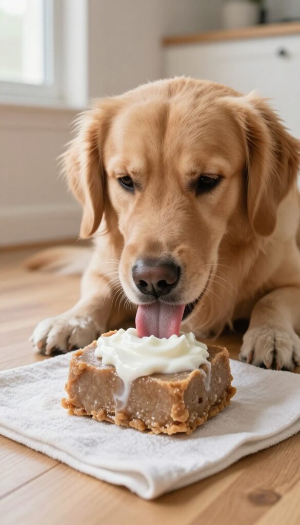 Golden retriever licking a frozen dog food block on a towel