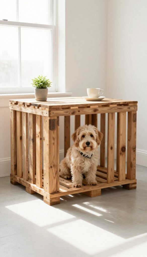 DIY pallet kennel table with a dog inside and a plant on top in a bright rustic living room