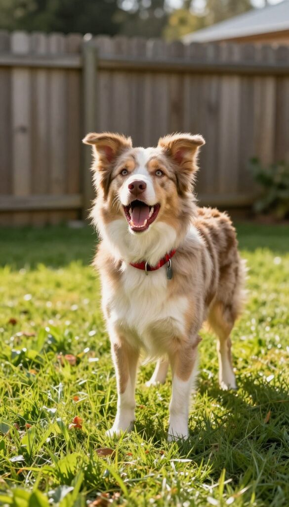 Playful Australian Shepherd barking in sunny backyard