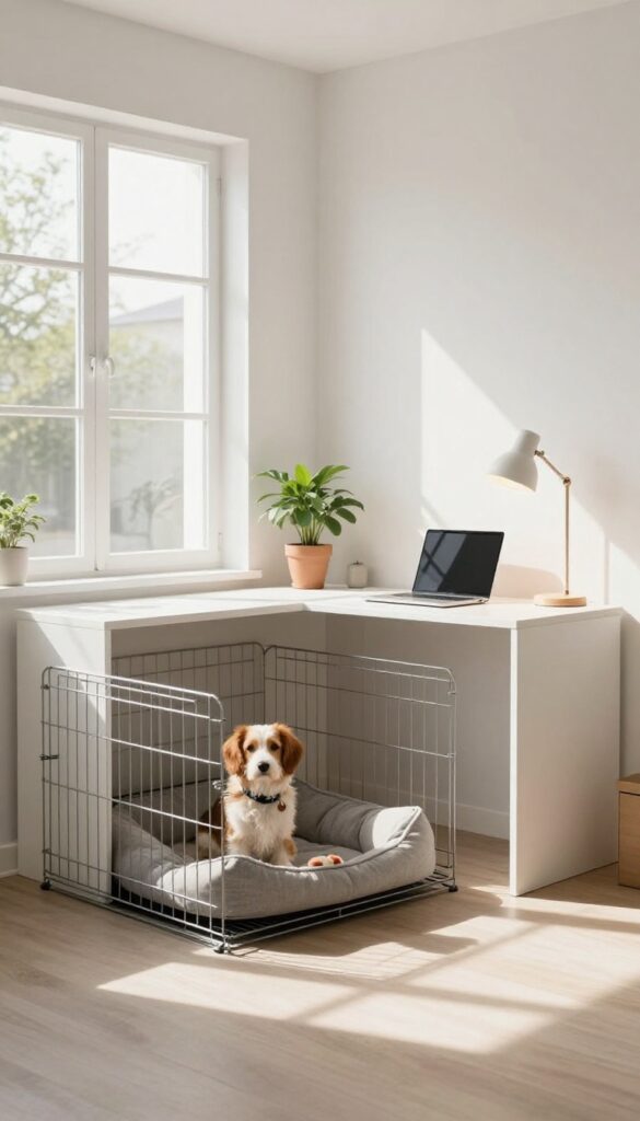 Corner desk with dog crate underneath in a bright home office