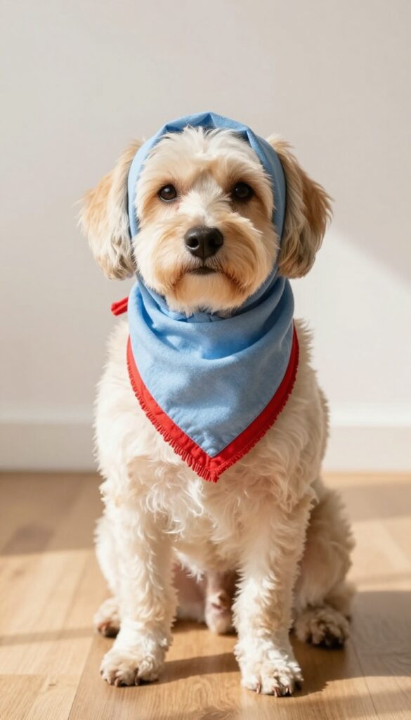 A small dog wearing a crochet knotted bandana, sitting indoors in natural light.