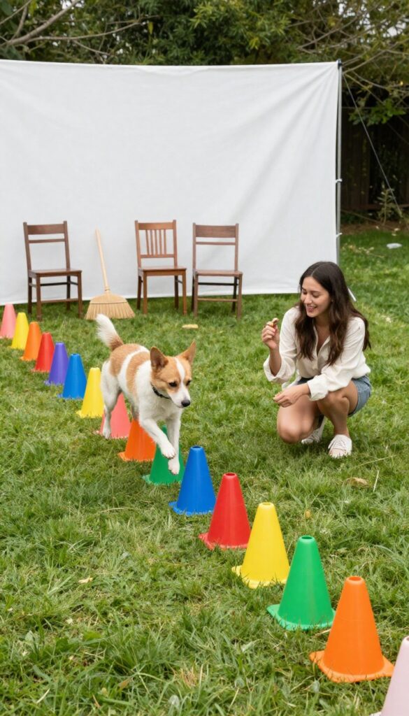 Dog jumping over a broomstick obstacle in a backyard agility course made from household items