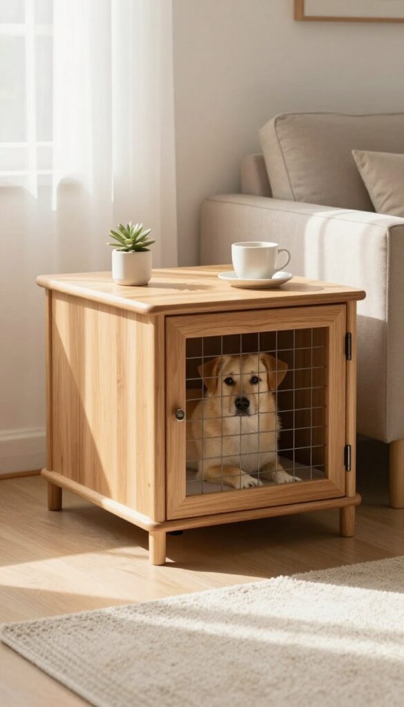 A furniture-style dog crate doubling as a side table in a bright living room, with a dog resting inside.