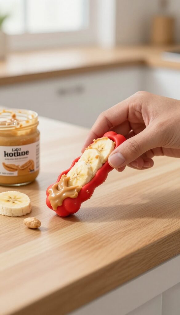Peanut butter and banana mash stuffed in a red Kong toy on a kitchen counter