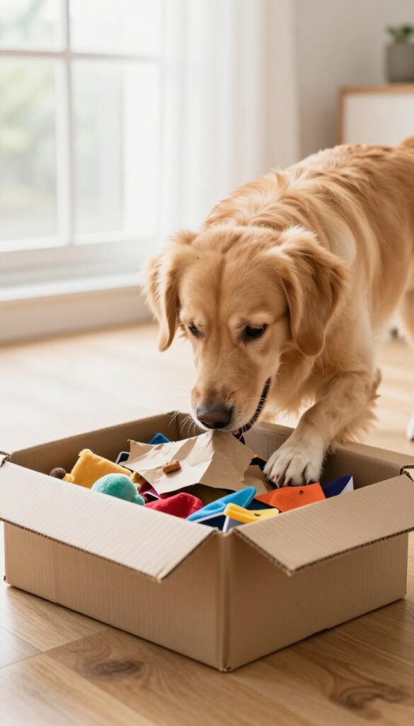 Dog digging in a cardboard box filled with crumpled paper and fabric scraps, with treats hidden inside.