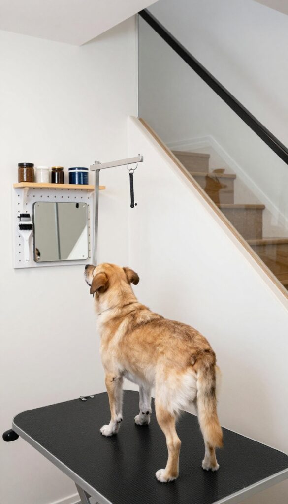 Dog grooming station under stairs with non-slip floor and organized supplies