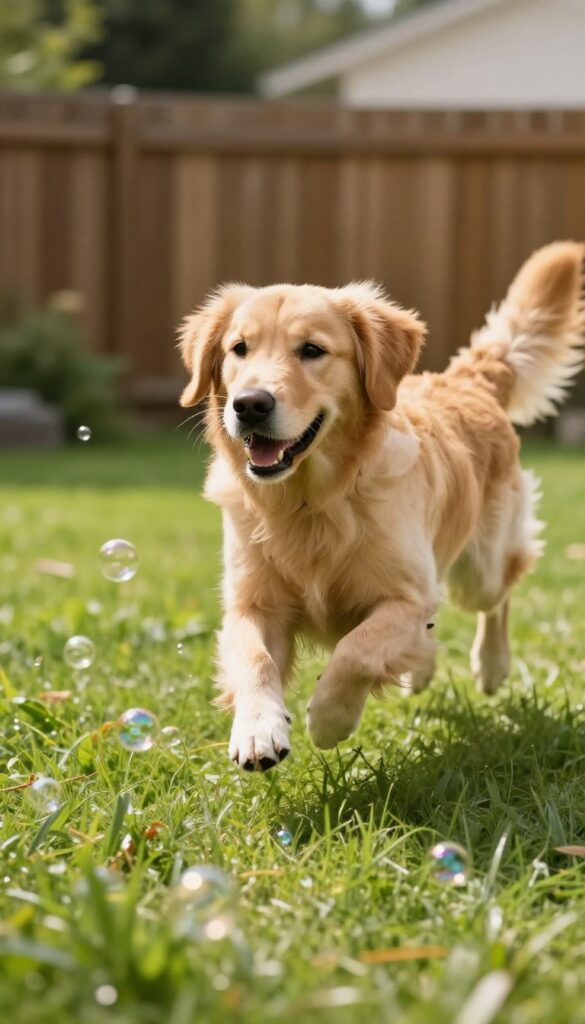 Dog jumping to catch bubbles in backyard