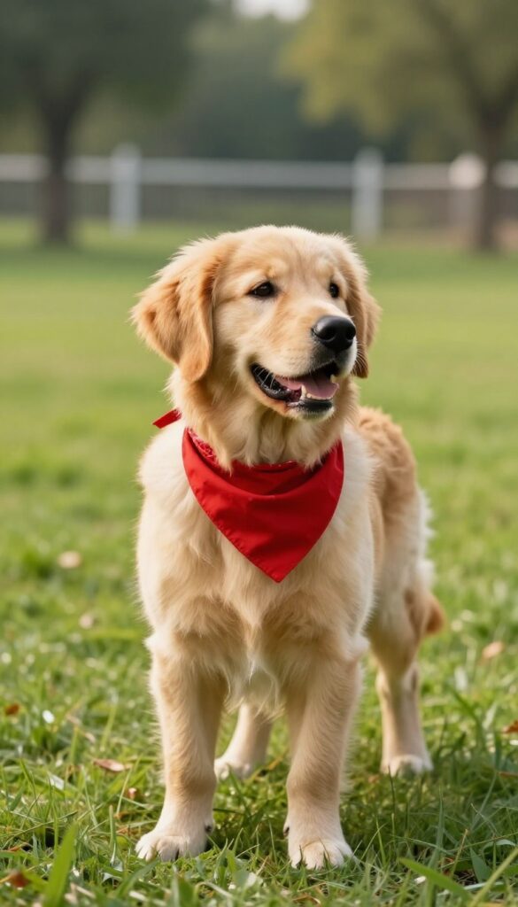Playful golden retriever puppy with red bandana in sunny park