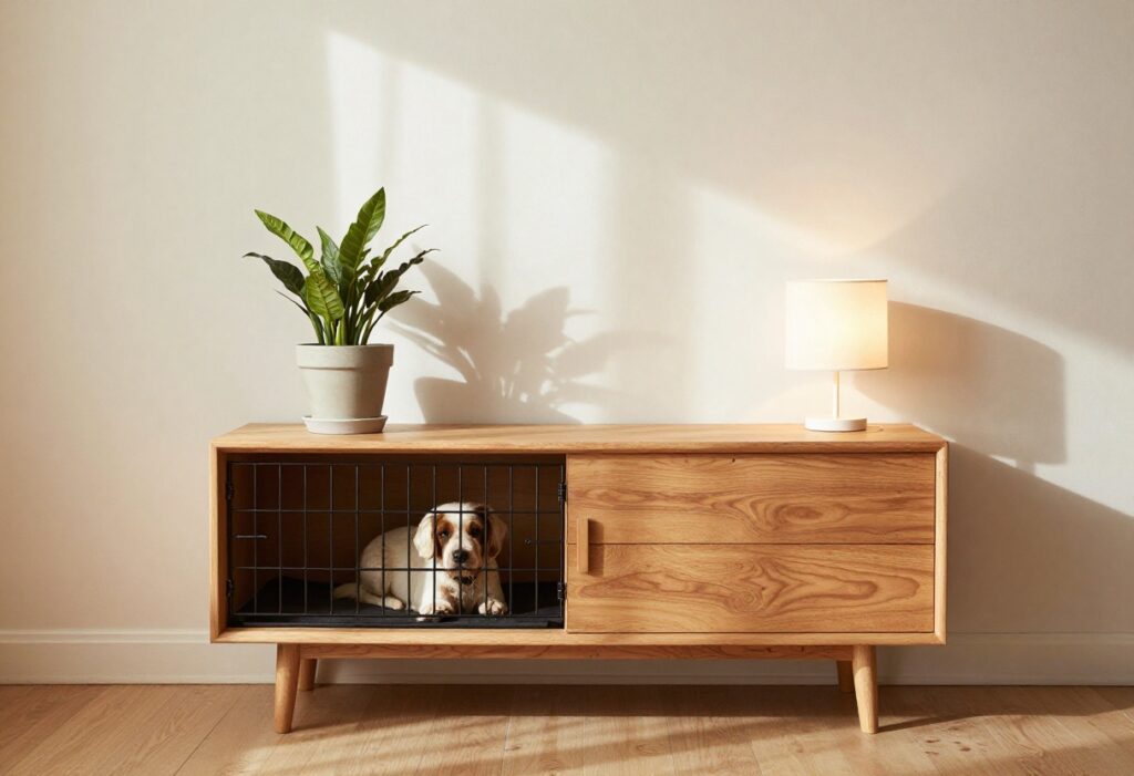 Dog crate disguised as a console table in a living room