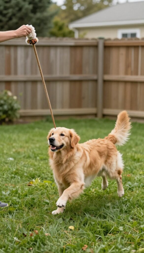 A dog jumping to catch a toy attached to a DIY flirt pole in a sunny backyard.