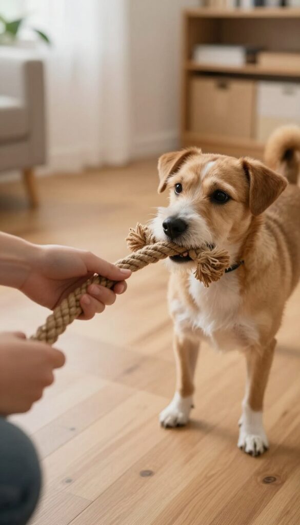Person playing tug-of-war with a terrier mix using a braided rope toy in a sunlit living room