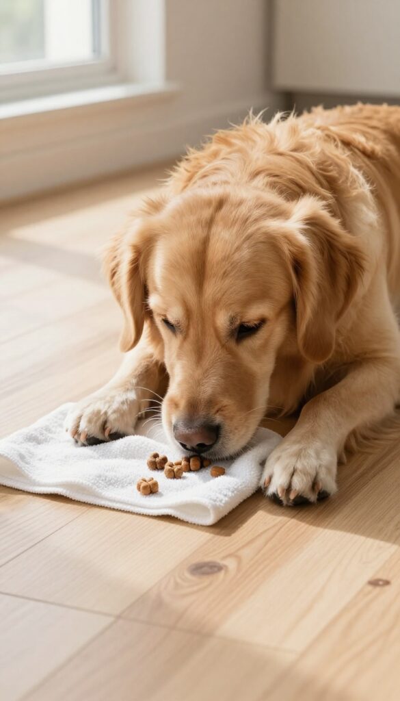A golden retriever dog interacting with a towel roll-up treat dispenser on a hardwood floor, with treats visible inside the unrolled towel.
