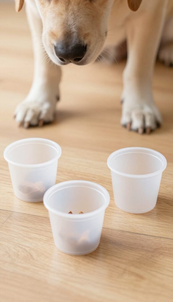 Dog playing cup hide-and-seek puzzle game, sniffing under cups for treats