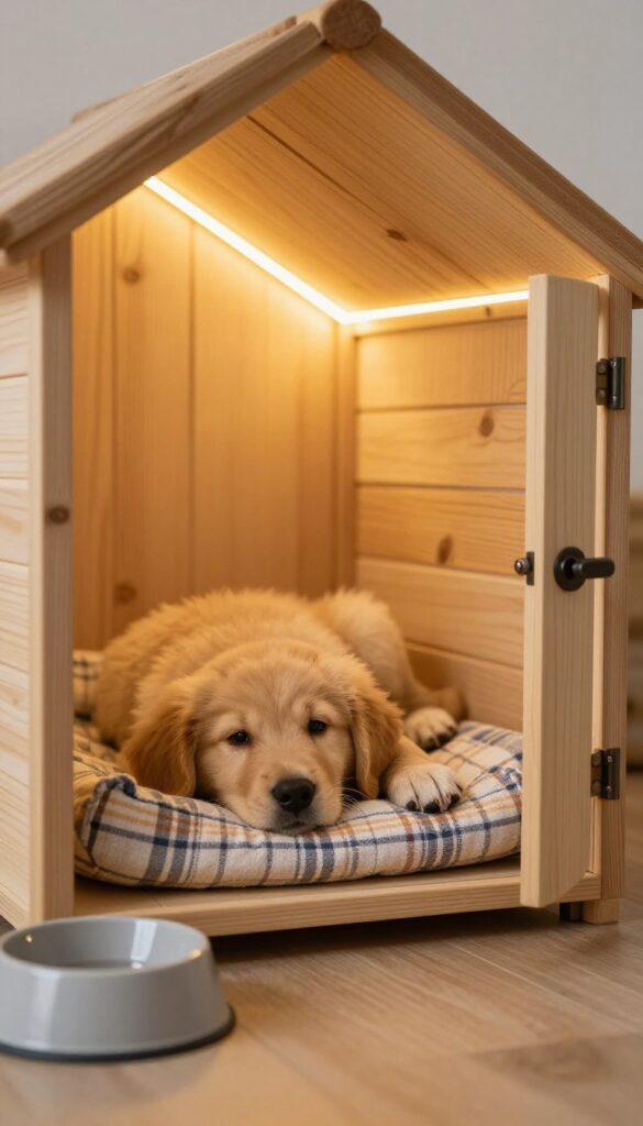 Interior of a dog house at night with a warm LED strip, dog resting on bed