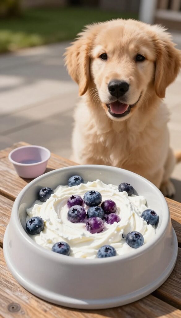 Frozen cottage cheese and blueberry swirl dog enrichment bowl on a wooden table with a golden retriever puppy nearby.