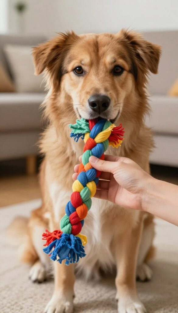 Person playing tug-of-war with a dog using a DIY braided t-shirt toy