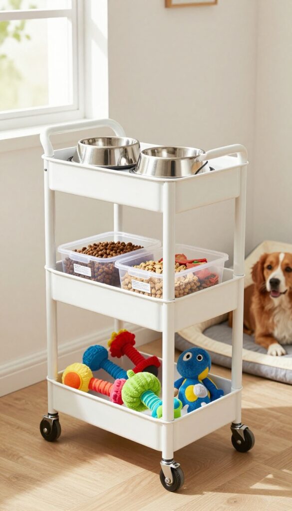 Rolling cart filled with dog food and treats in a bright kennel room