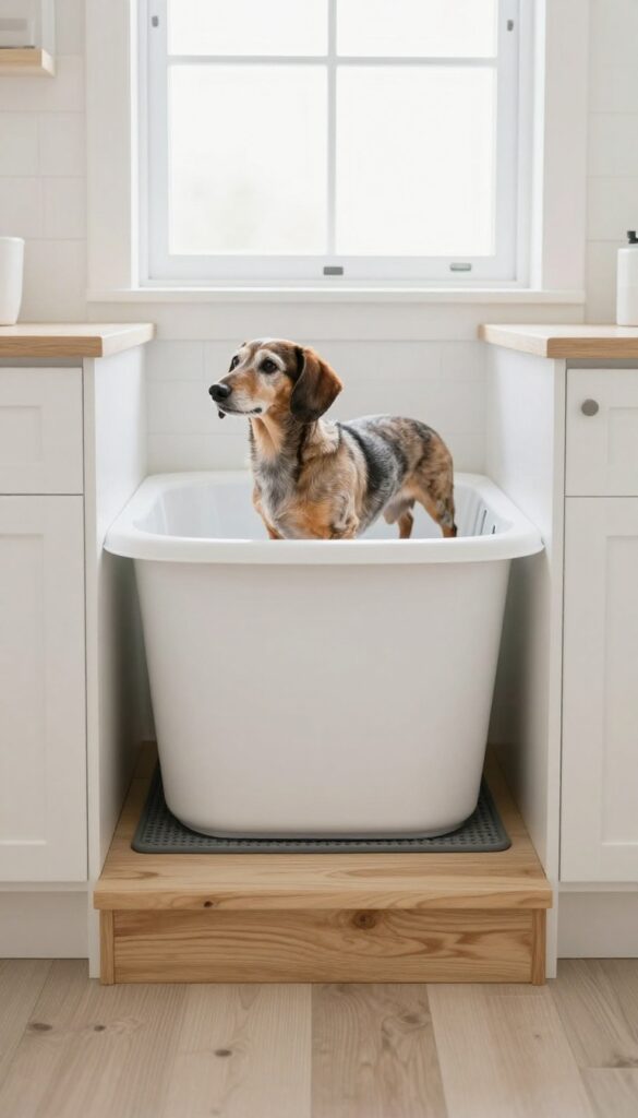Pull-out step for small or senior dogs built into laundry room cabinetry, with a dog standing on the step near a raised bath tub