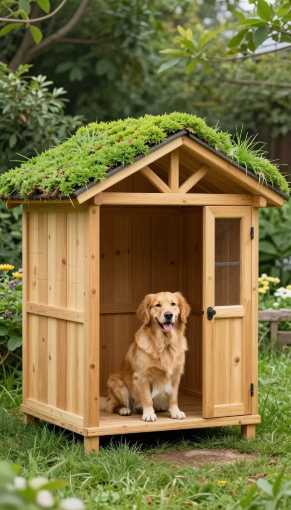 Cedar dog kennel with a green roof made of sedum and grass, featuring a golden retriever beside it in a sunny backyard