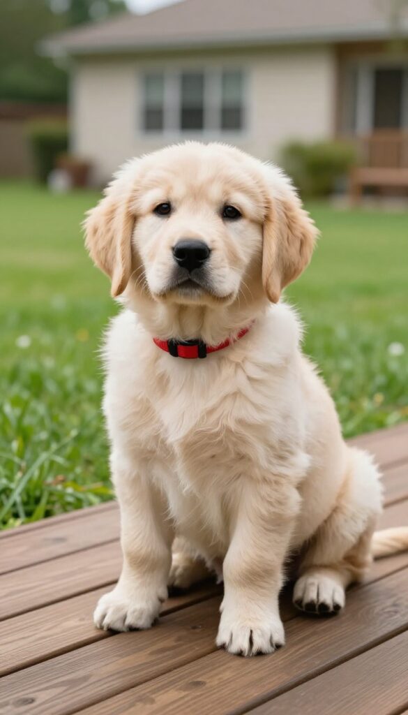 Golden Retriever puppy named Max sitting on a sunlit deck, looking loyal and playful