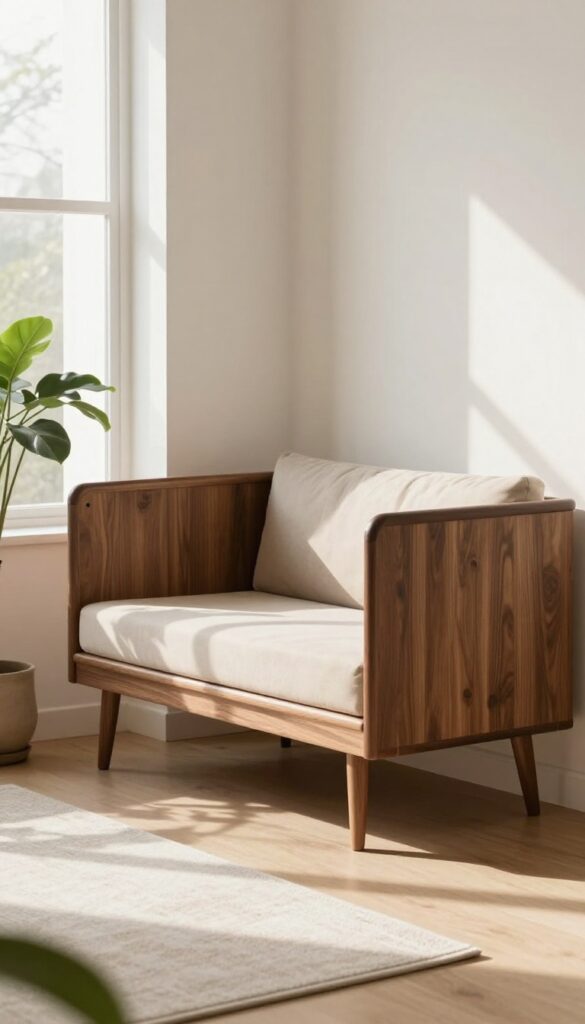 Mid-century modern wood dog kennel with tapered legs in a bright living room