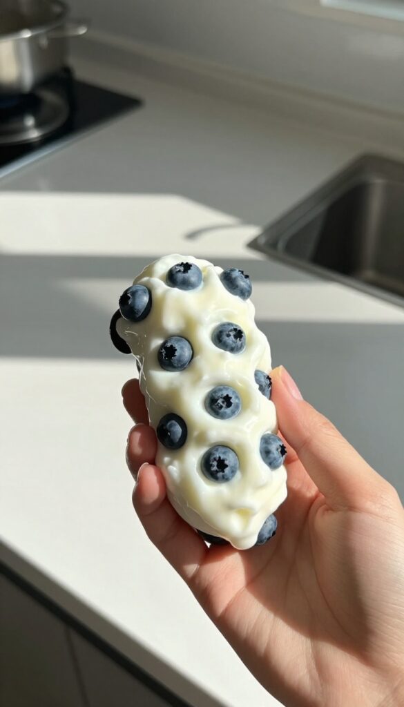 Hand holding a Kong stuffed with plain yogurt and blueberries on a sunlit kitchen counter.