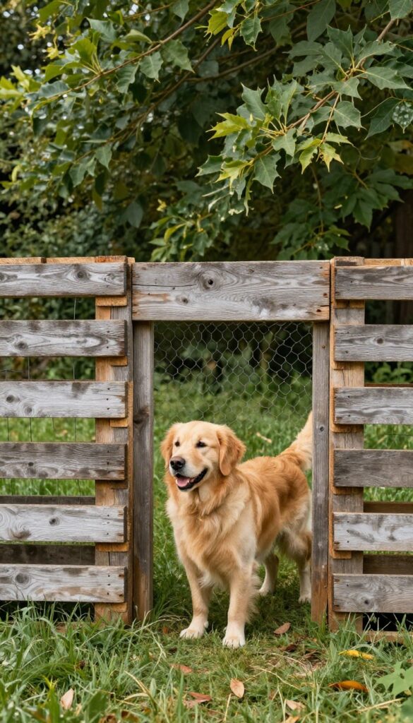 Rustic pallet fence in backyard with golden retriever looking through