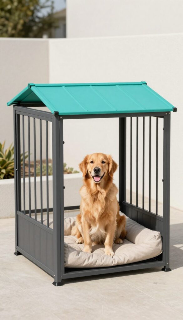 Two-tone metal dog kennel with charcoal gray frame and teal roof panels in a sunny backyard, a golden retriever sitting inside.