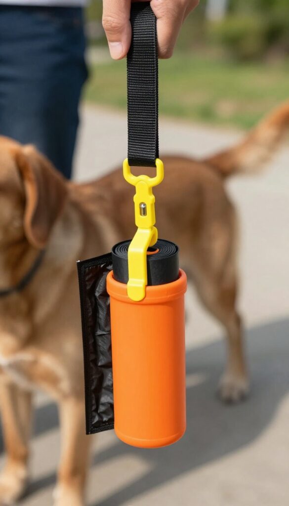 Dog leash with a clip-on poop bag dispenser, one bag partially pulled out, in a sunny park setting.