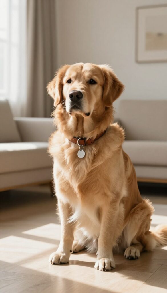 A regal golden retriever sitting in a sunlit room, wearing a leather collar, embodying the timeless name Leo.