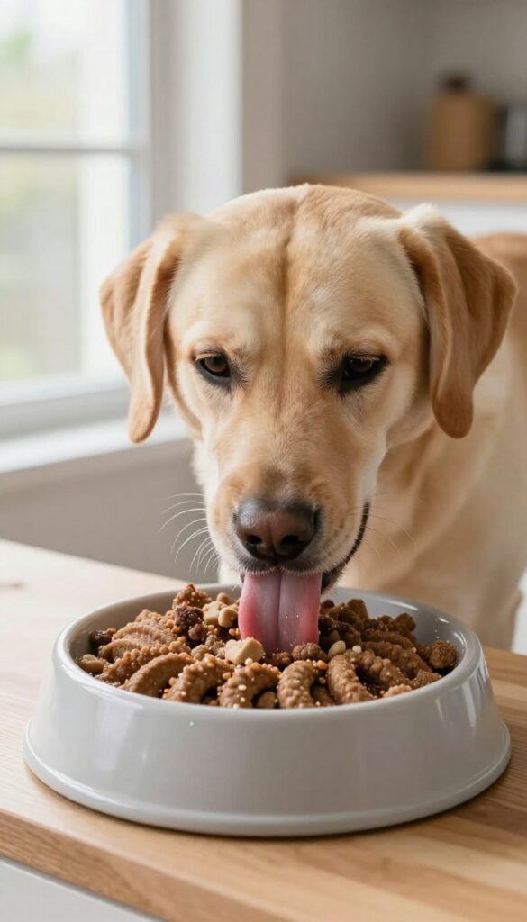 Dog licking a frozen slow feeder bowl with spiral ridges on a kitchen counter.