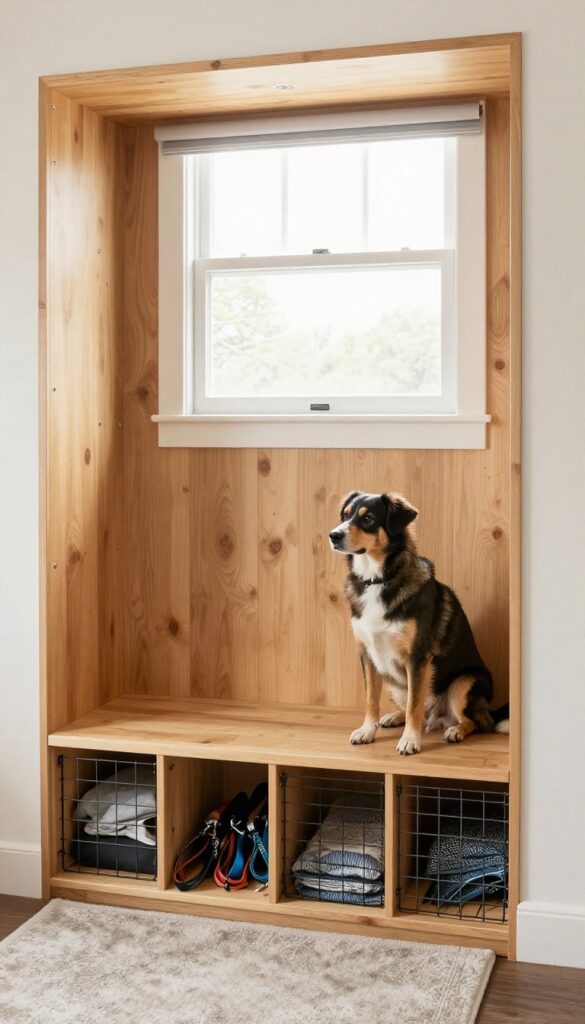Mudroom locker kennel with built-in dog crate, storage above, and a calm dog inside.