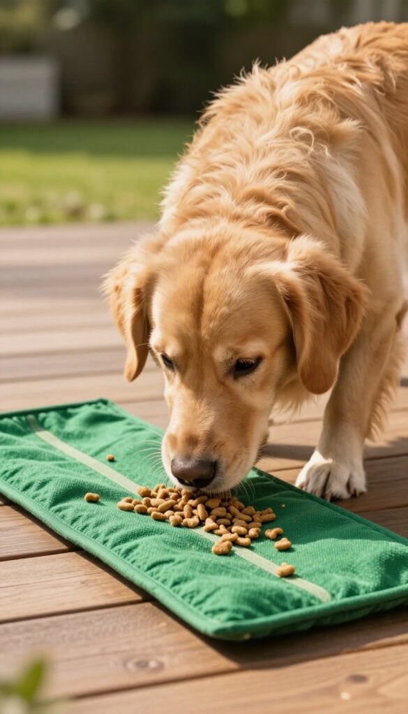 Dog sniffing treats in a snuffle mat on a backyard deck