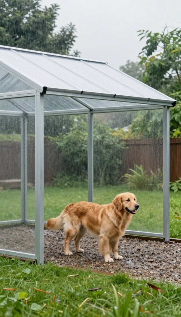 A covered dog kennel run with a sloped polycarbonate roof, extending overhang, and a golden retriever staying dry while rain falls beyond.