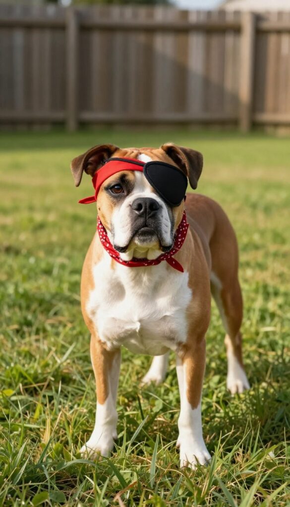 Boxer dog wearing a pirate bandana and eye patch in a sunny field