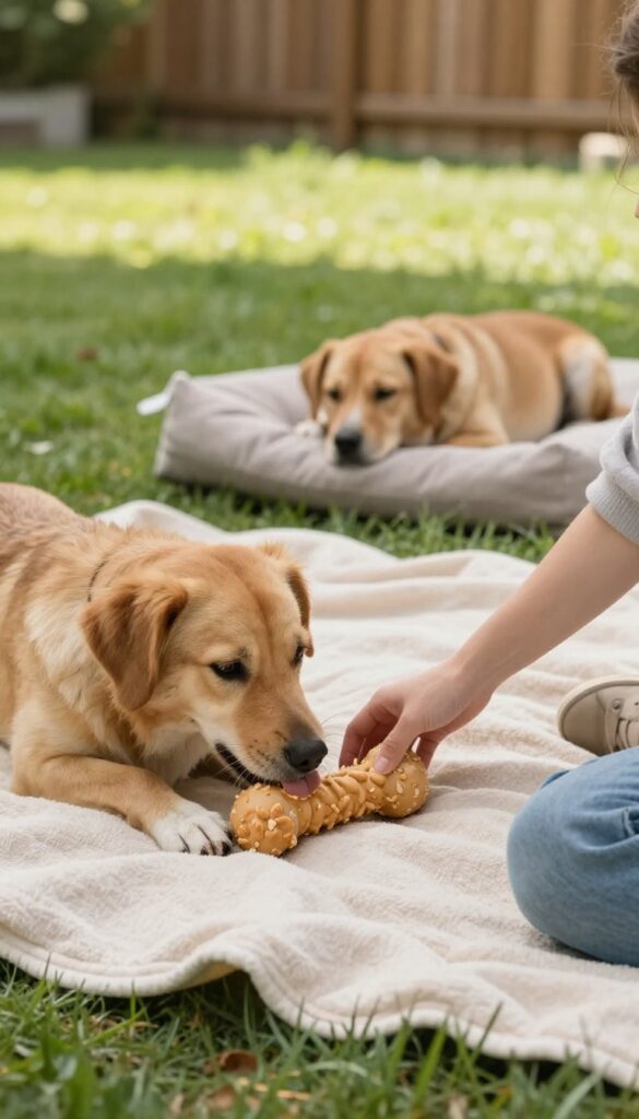 Two dogs relaxing on blankets in a shaded backyard, one licking a frozen Kong, the other being petted, with soft natural light and a peaceful atmosphere.
