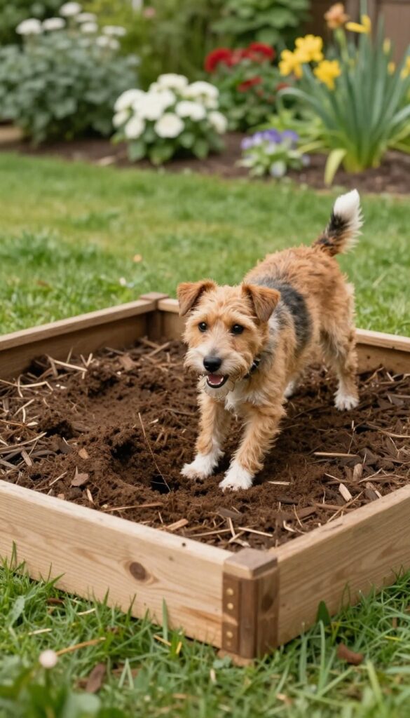 A terrier dog digging in a designated wooden sandbox filled with mulch in a sunny backyard