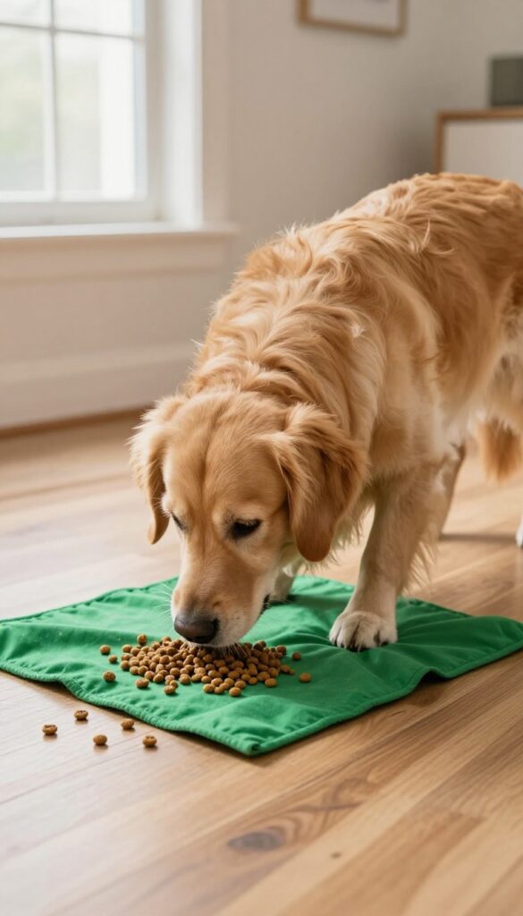 Golden retriever using a snuffle mat to forage for kibble