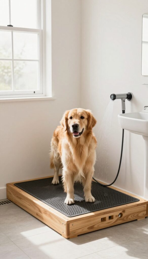 Raised dog wash station in mudroom with golden retriever on platform