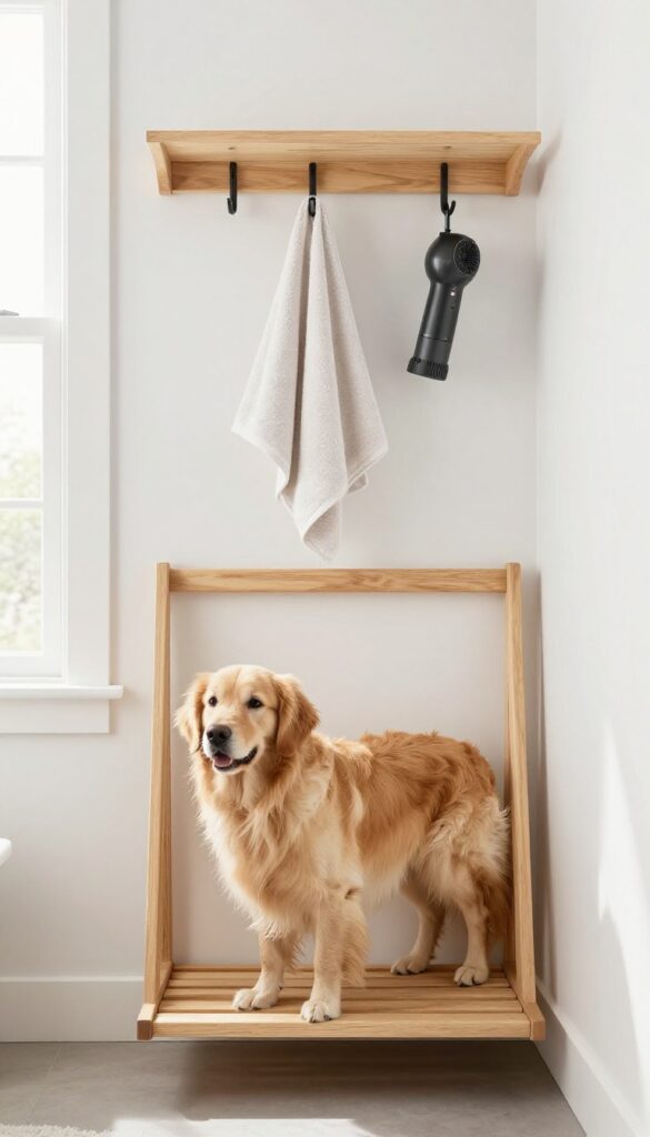 Wall-mounted drying station in a mudroom with a dog on a fold-down rack, towels and dryer on hooks above.