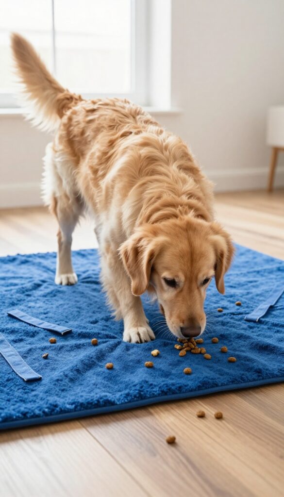 Dog using a snuffle mat for natural foraging enrichment
