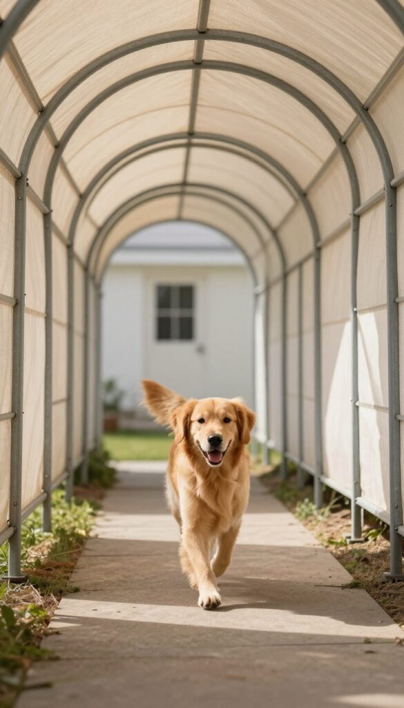 Dog running through a cattle panel arch run in a backyard