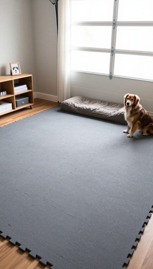 Garage dog room with durable interlocking rubber floor tiles, a dog bed, and natural light.