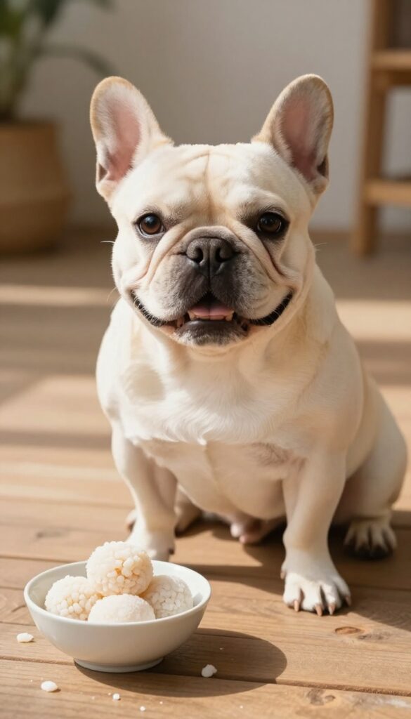 A photorealistic image of a French Bulldog with a gentle expression, sitting next to mochi rice cakes on a sunlit wooden deck, embodying the soft and sweet vibe of the name Mochi.